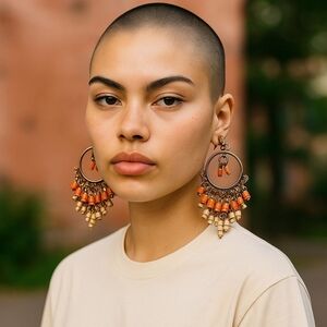 Vintage Gold Toned Coral Orange Beaded Earrings for Pierced Ears Boho Hippie